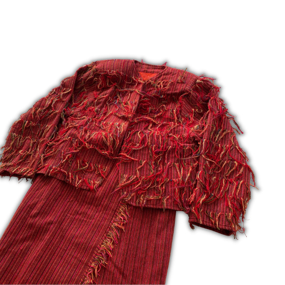 Vintage Crystal Handwoven Women's 2pc Skirt Blazer Set Red Multi Yarn Fringe - Picture 5 of 9